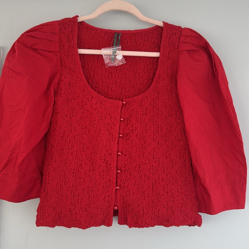 By Anthropologie Smocked Cardigan Top button blouse red M - Picture 4 of 8